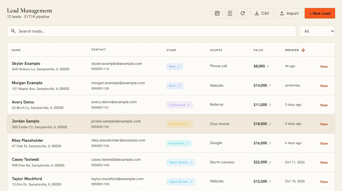 The SaifHaven OS leads list with sample data: made-up inquiries, each with its contact details, stage, where it came from, what it may be worth and when it came in.